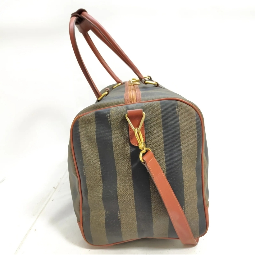 FENDI Pequin Travel Bag Brow Canvas Leather Duffel Bag Carry-on Purse - Picture 4 of 9